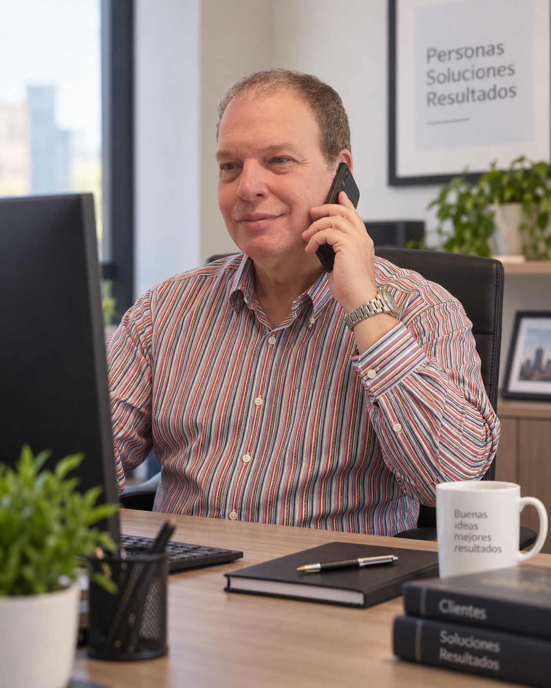 Henry Alcalay atendiendo a un cliente desde su oficina